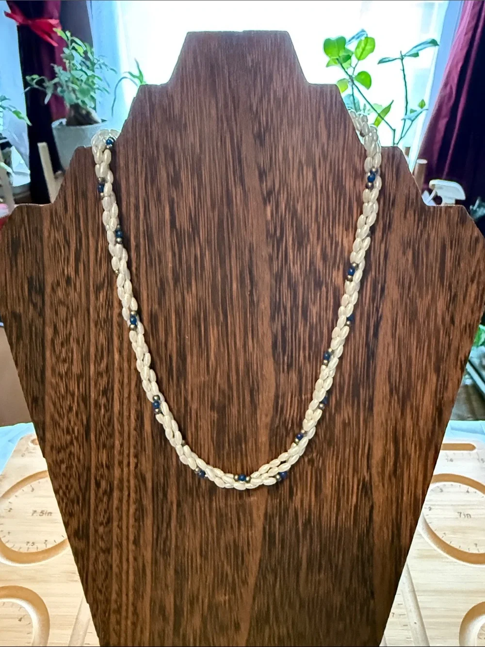 Handcrafted White and Blue Beaded Braided Necklace